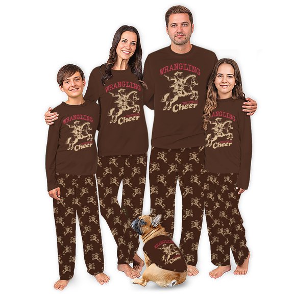 Western Matching Christmas Pajamas For Family With Santa Horse, Brown Pajama Set, 2 Pieces
