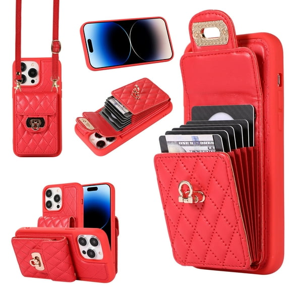 For iPhone 14/14 Pro/14 Pro Max/14 Plus Case Cover,Shockproof Luxury Leather Back Card Pocket Crossbody Case With Long Lanyard