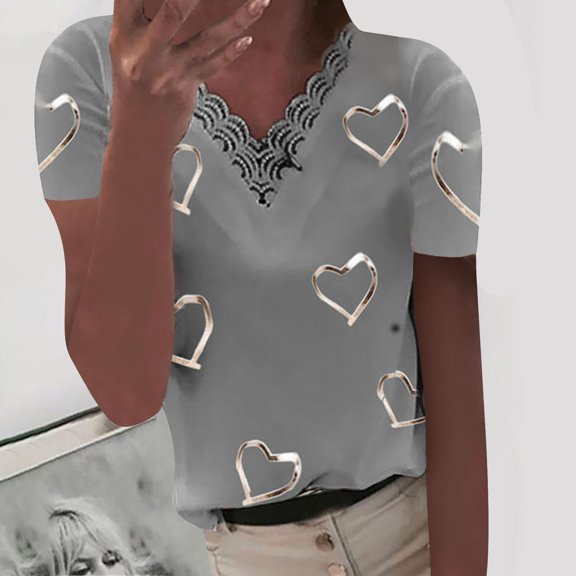 LoyisViDion Women Blouses Plus Clearance Women Hearts Print V-Neck Lace Patchwork Short Sleeve T-Shirt Pullover Blouse Flash Picks Gray 4(S)