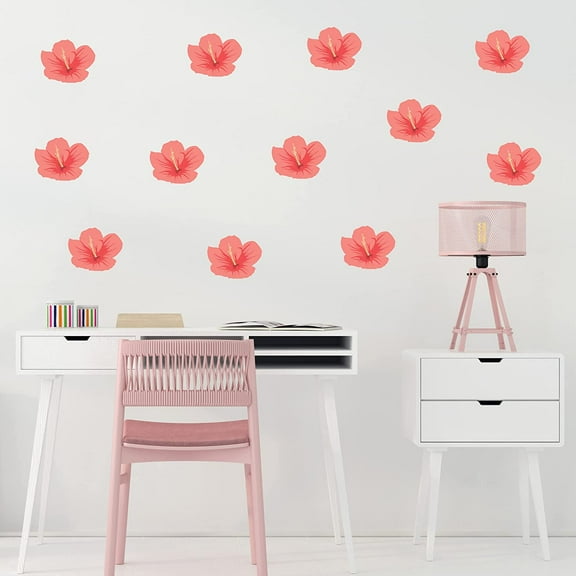 Decalcomania Wall Decor Tropical Flower Wall Decals - Set of 24 Hibiscus Stickers Removable Peel and Stick Decals - 7" Floral Wall Décor