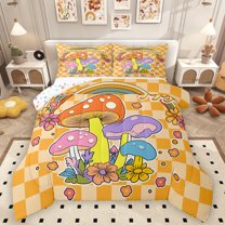 Homewish Kawaii Watercolor Mushroom Queen Comforter Set,Cute Rainbow Flower Bedding Sets,Minimlaist Geometric Grid Bedding Comforter Set For Girl,Breathable Home Decor Reversible,3pcs