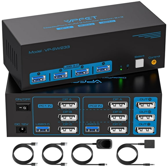 8K KVM Switch 3 Monitors 2 Computers Displayport 4K@120Hz USB 3.0 KVM Switches DP 1.4 Monitor Switch for 2 Computers with 4 USB Ports Support Extended
