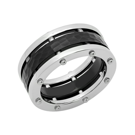 Men’s Stainless Steel & Black IP Hammered Finish Band – Mens Ring