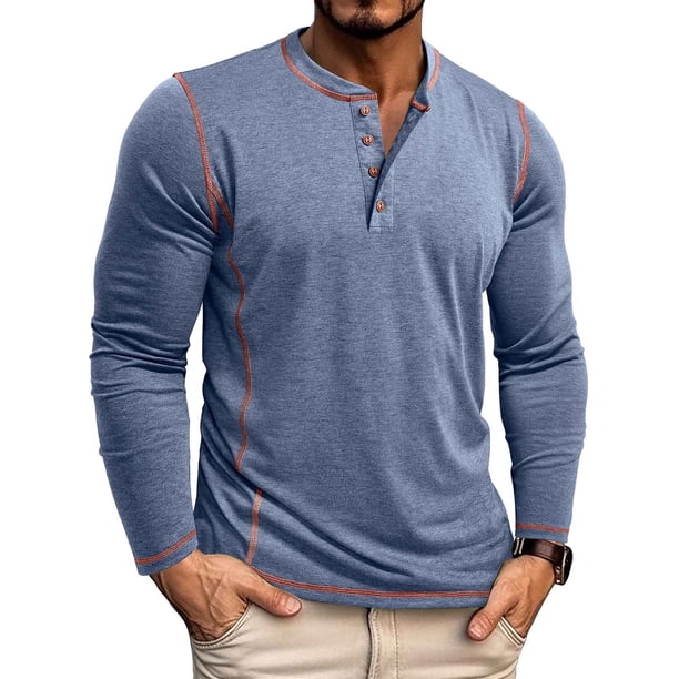 pstuiky camisetas de manga larga para hombre, Camisa informal de manga larga con cuello redondo y botones de color liso para hombre camisetas de hombre s