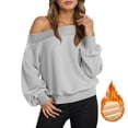 thumbnail image 2 of Off Shoulder Fleece Lined Sweatshirts For Women Long Sleeve Crew Neck Cropped Pullover Tops Fall Y2K Shirts, 2 of 8