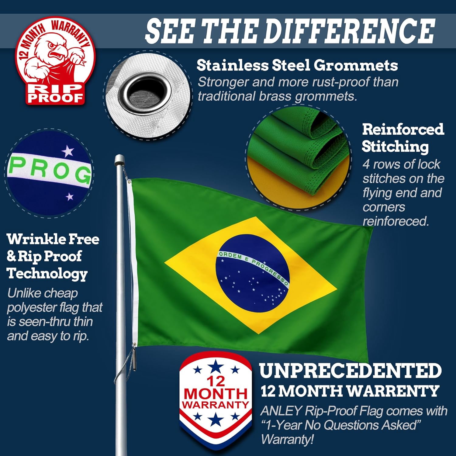 Anley Rip-Proof Double Sided 3-Ply Brazil Flag 3x5 Foot - Brazilian National Flags 300D Polyester