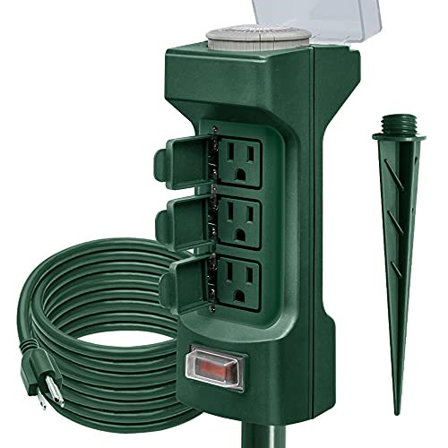 Minuterie à Piquet d'Alimentation Extérieure, Minuterie Mécanique Kasonic à 6 Prises au Sol pour Cour et Jardin; Piquet d'Alimentation de Cour Certifié ETL, avec Rallonge Extérieure de 12 Pi C