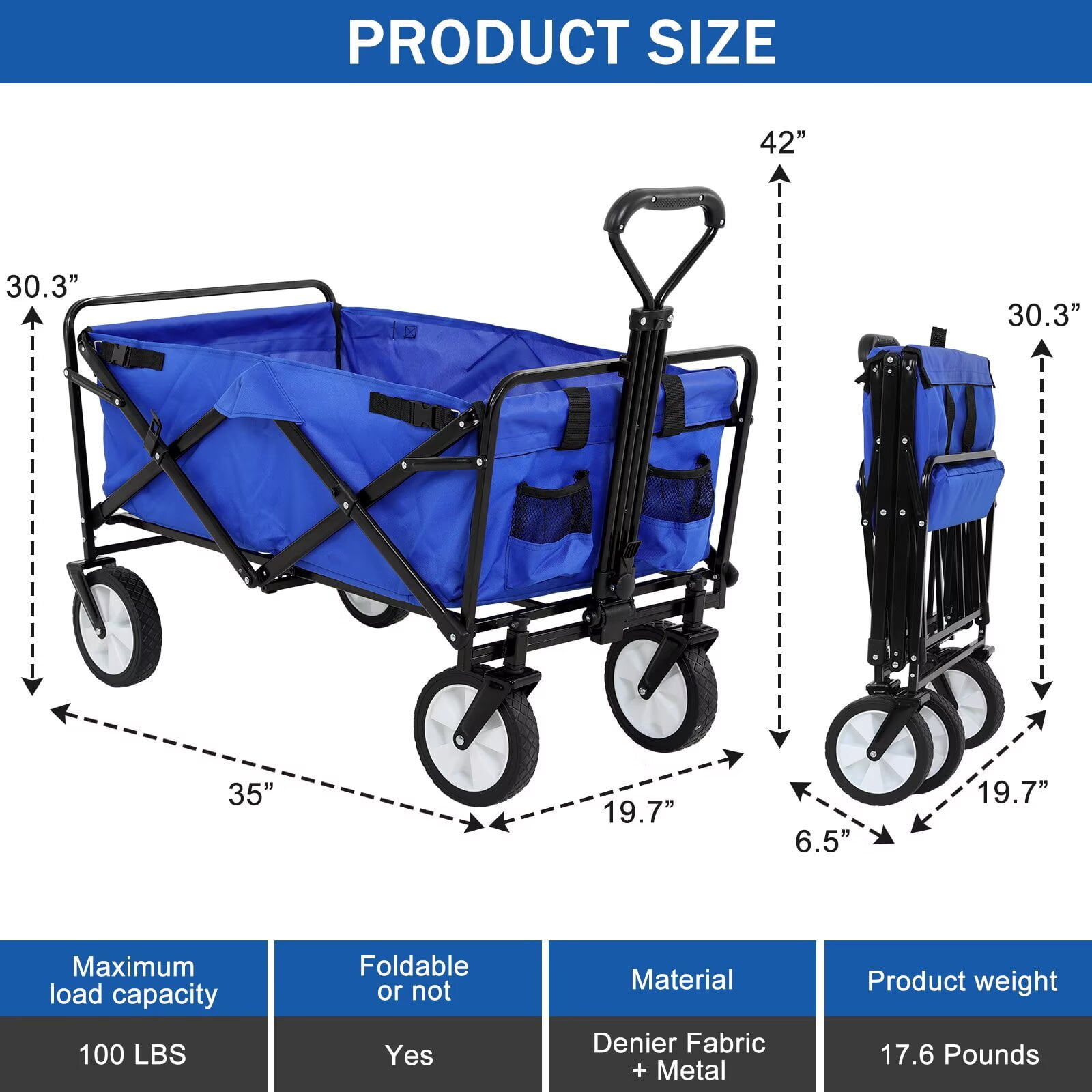 YRLLENSDAN,Beach Wagon with Big Wheels for Sand,Beach Carts for Sand,Grocery Cart on Wheels,Wagon Stroller,Foldable,Suitable for Outdoor Use,Blue