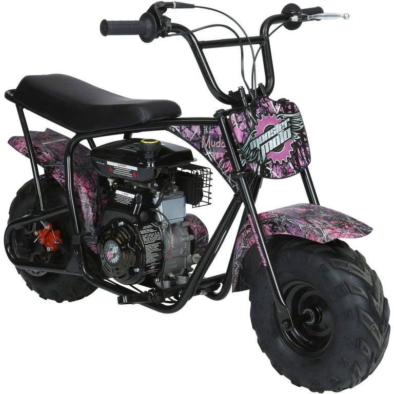 Monster Moto Classic Gas-Powered Mini Bike, Black With Pink And Red Decals