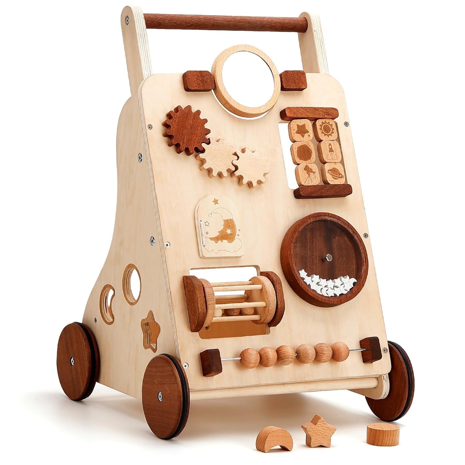 Woodtoe Wooden Baby Walker, Adjustable Push and Pull Learning Activity Center Walker Toy, Natural Wood Sit to Stand Walker for Baby Learning to Walk, Educational Gift for Toddler Boy Girl 1+