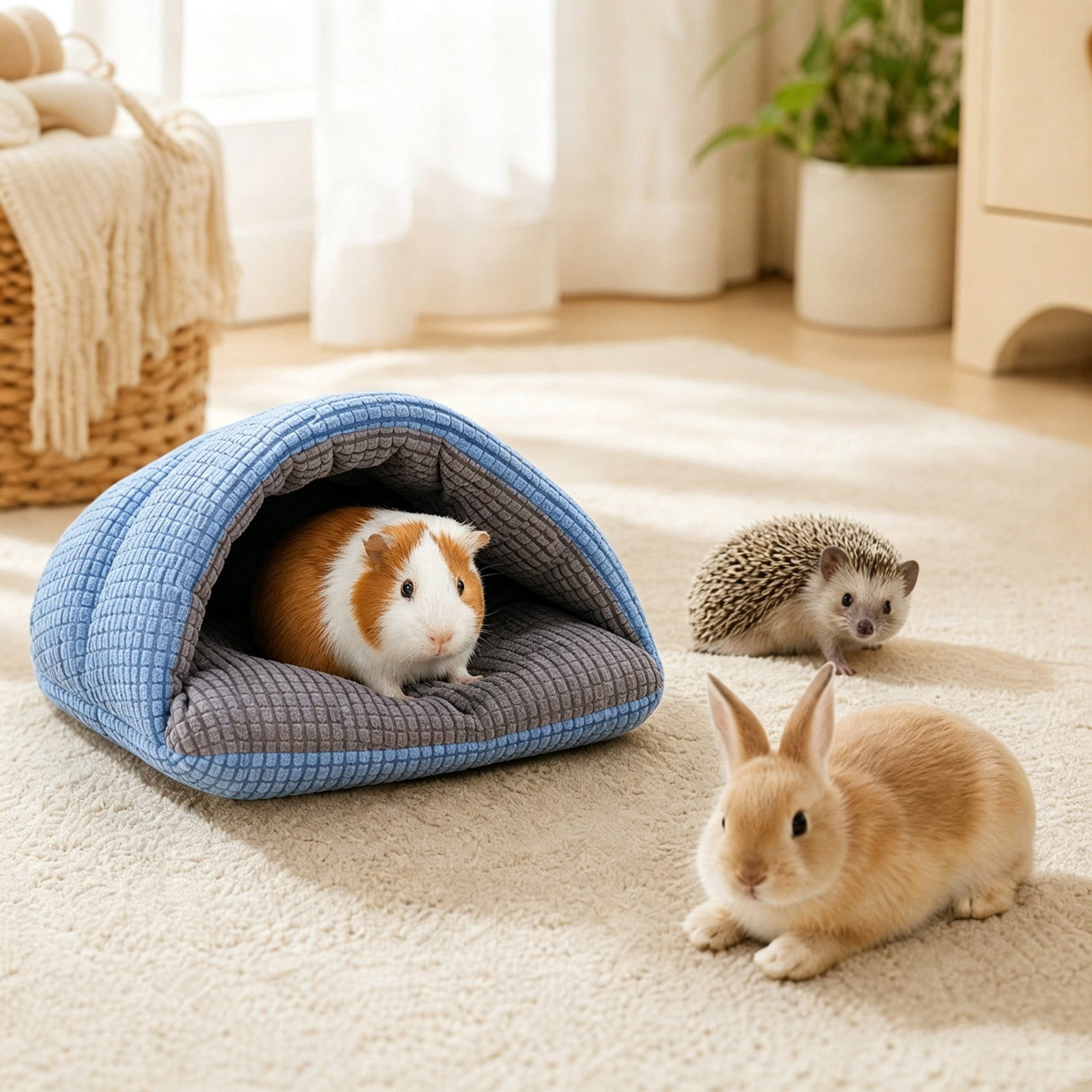 Small Animal Slipper-Style Hideout with Soft Polyester Fabric and Padded Checkered Design, 32 x 30 x 16 cm Cave Bed for Guinea Pigs, Rabbits, Ferrets and Indoor Cage Habitats, Blue