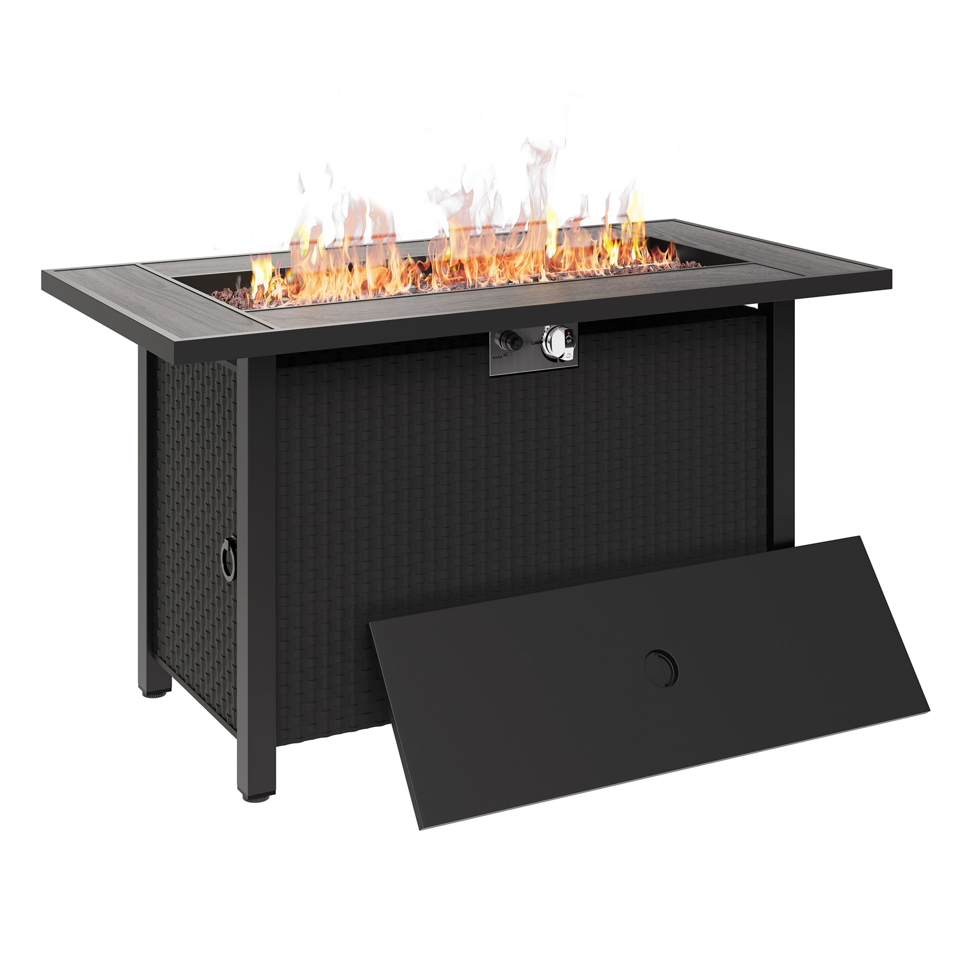 Walsunny 8 Pieces Patio Wicker Rattan Fire Pit Furniture Conversation Sets with Outdoor Sectional Sofa,45" Gas Propane Fire Pit Table,Glass Coffee Table,Brown Rattan Grey Cushion