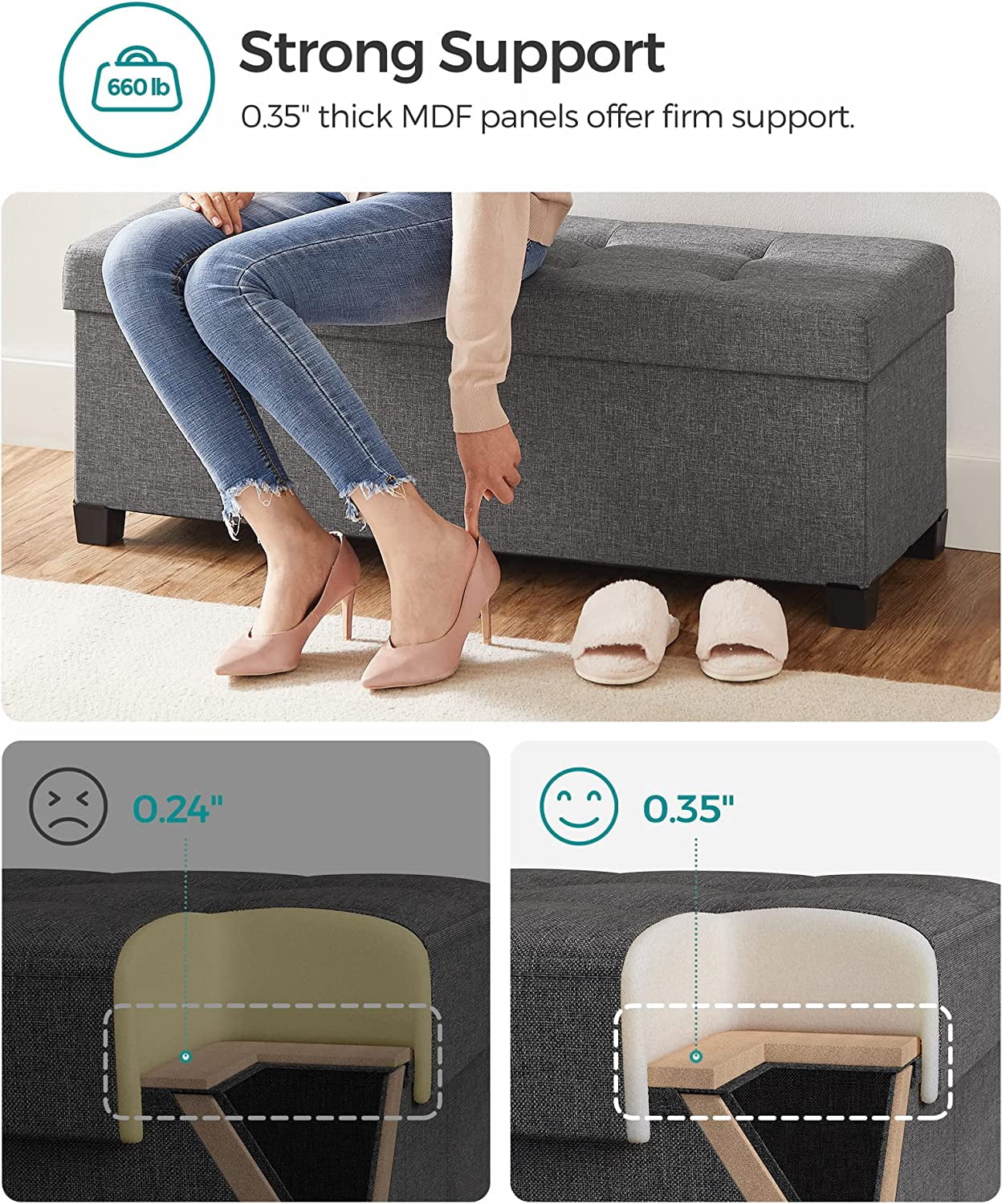SONGMICS 43.3" Storage Ottoman Bench Ottoman with Storage CoEnd of Bed Storage Holds Up to 660 lb for Living Room Dark Gray