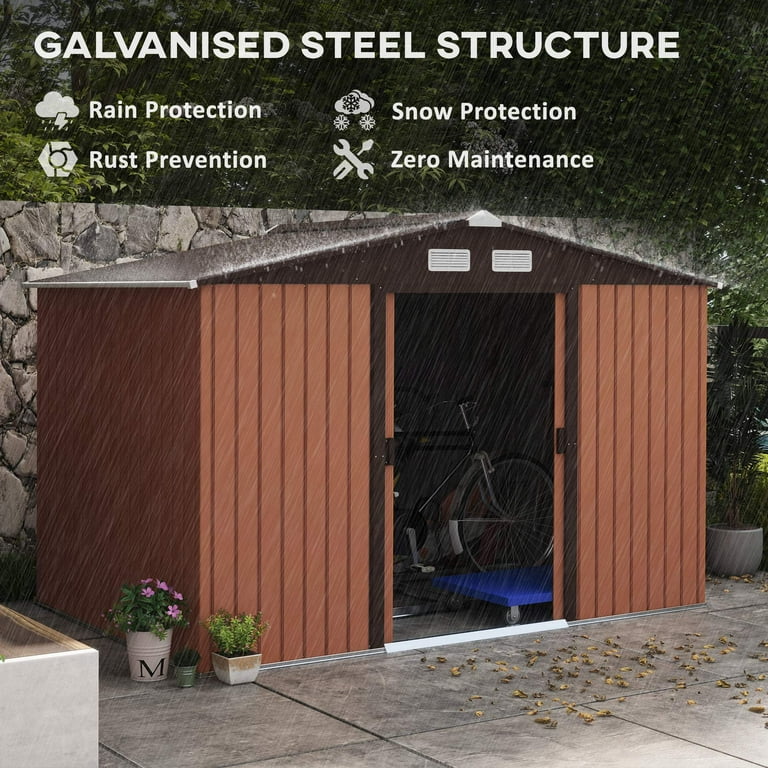 Outsunny 9'x6' Metal Garden Shed with Foundation, 4 Vents, 2 Outsunny 9'x6' Metal Garden Shed with Foundation, 4 Vents, 2