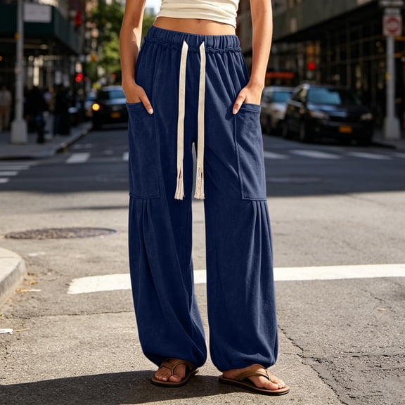 hlysgo Women's Baggy Pants Boho Harem Wide Leg Sweatpants Drawstring Waist Casual Trousers Joggers with Pockets Navy,2xL