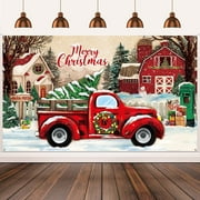 Christmas Red Truck Banner Backdrop, Vintage Holiday Party Background Decorations for Photography, Xmas Tree Red Black Buffalo Plaid Photo Booths Wall Hanging Decor for Home Studio