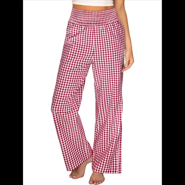 Pantalones Palazzo de Cuadros para Mujer, Pantalones de Pijama de Cintura Alta y Pierna , Pantalones Casuales Bonitos con Bolsillos Rojo XXL