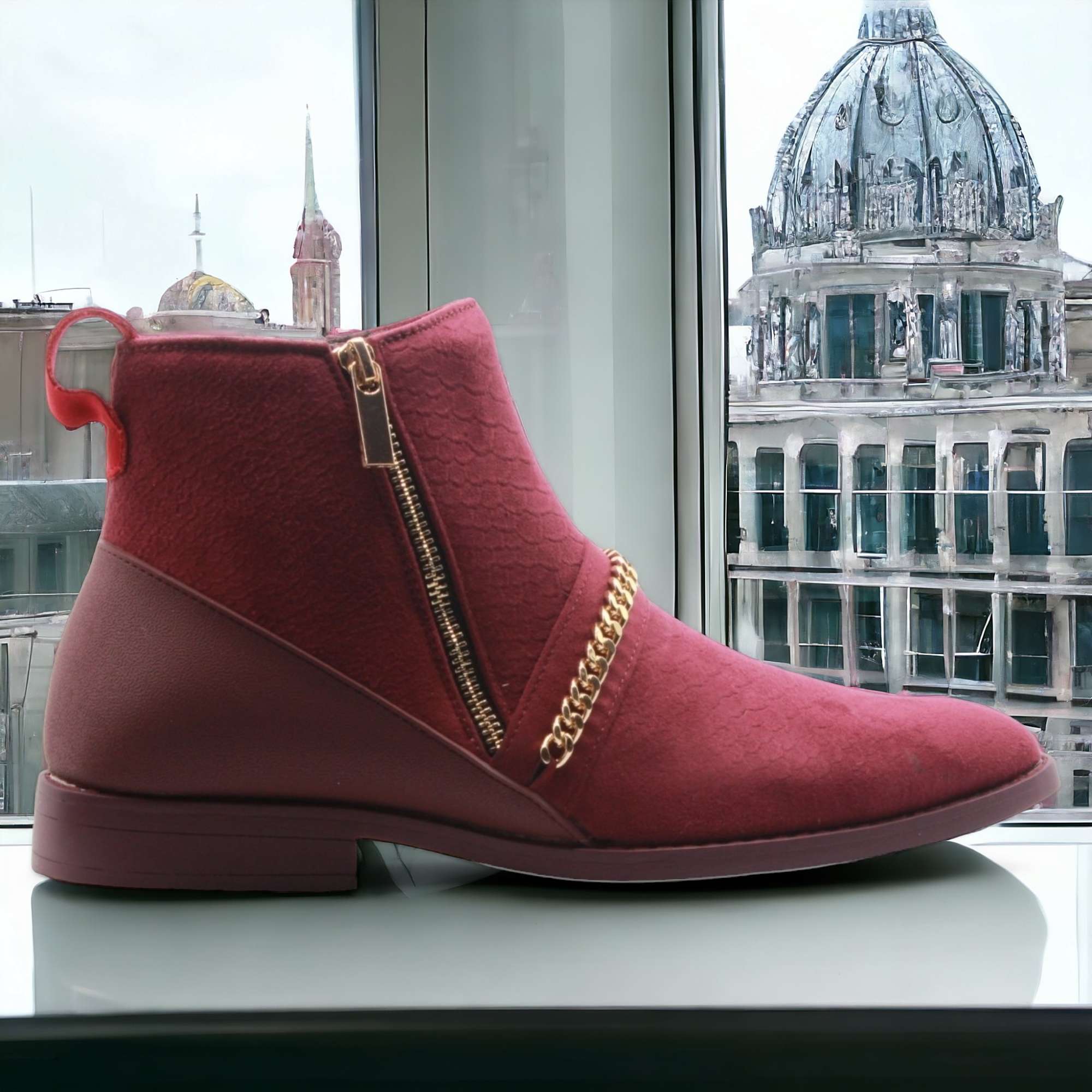 Botines de vestir de caña alta con doble cremallera y estampado cocodrilo para hombre, vino, 11 3
