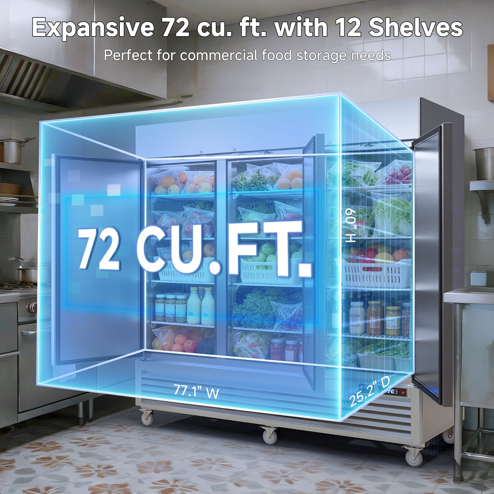 VEECOOL 72 cu.ft Commercial Refrigerator WiFi-Enabled, 82" Two Section Full Door Stainless Steel Reach in Refrigerator, Stainless Steel, App and Digital Control, R290 Refrigerant, ETL&ETL Sanitation