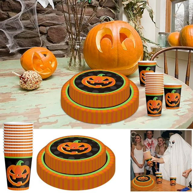 Chmadoxn 2024 Halloween New Disposable Paper Tableware 9 Cup 7 Inch Pumpkin Paper disposable tableware