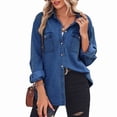 thumbnail image 2 of Denim Button Down Shirts for Women Long Sleeve Western Relaxed Single Pocket Jean Shirt Shacket Top Dark Blue M, 2 of 9