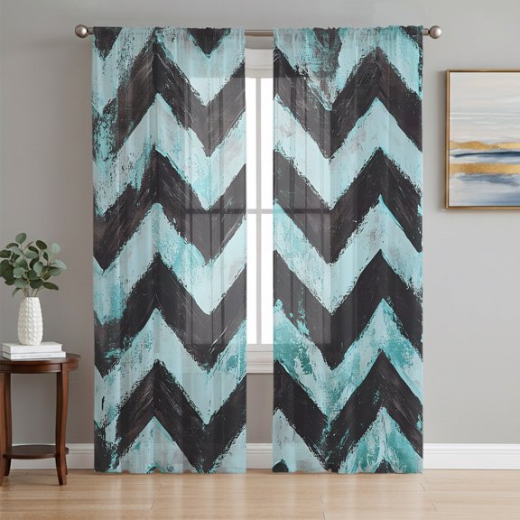 Abstract Teal Sheer Curtains 72 Inch Length 2 Panels Set, Geometric Zigzag Waves Bohemian Stripes Voile Window Treatment Rod Pocket Curtains Sheers Drapes for Bedroom/Living Room/Kitchen 52"x72"x2