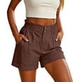 thumbnail image 5 of Hurxie Womens Summer High Waisted Cuffed Shorts Back Elastic Waistband Pleated Linen Shorts with Pockets Coffee,M, 5 of 6
