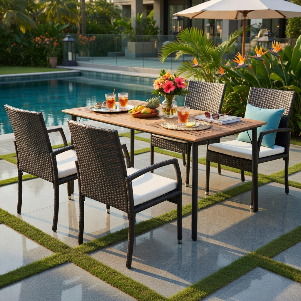 Hommoo 4-Piece Wicker Patio Dining Chair Set with Off-White Zippered Cushions, PE Rattan Outdoor Armchairs for Backyard, Porch & Poolside, Brown