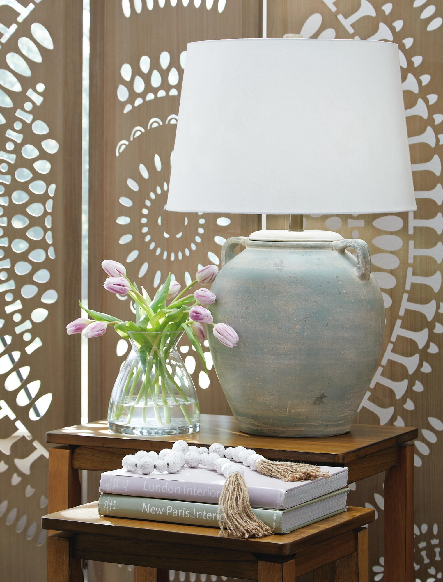 Signature Design by Ashley Shawburg Terracotta Table Lamp, Antique Green Finish, 28.5" Height, Modified Drum Shade