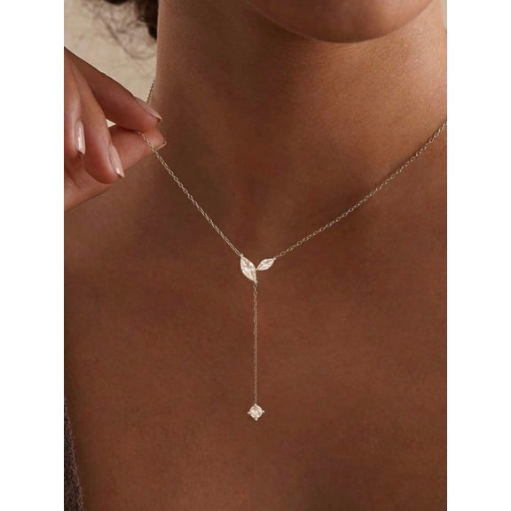 Silver-2 Cubic Zirconia Leaf Y-Necklace With Drop Pendant