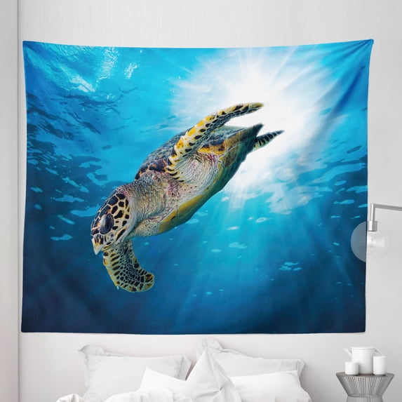 Under the Sea Tapestry, Hawksbill Sea Turtle Dive Deep into the Blue Ocean Against Sun Rays, Fabric Wall Hanging Decor for Bedroom Living Room Dorm, 5 Sizes, Yellow Brown Blue, by Ambesonne
