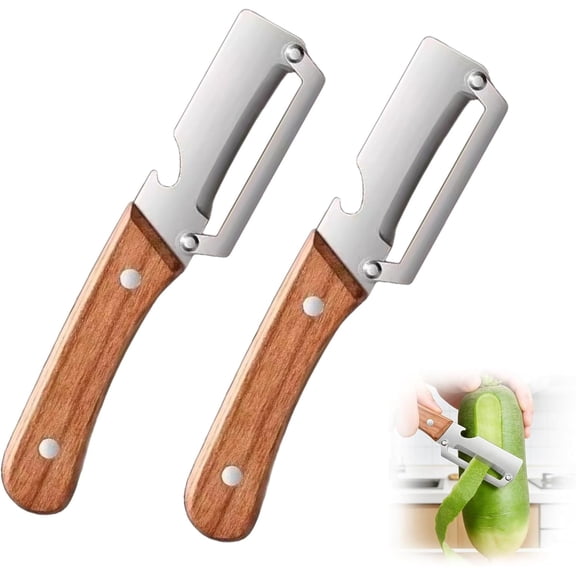 Multi-Functional Vegetable Peeler with Bottle Opener, Premium Stainless Steel Blade Kitchen Tool, Ergonomic Wooden Handle