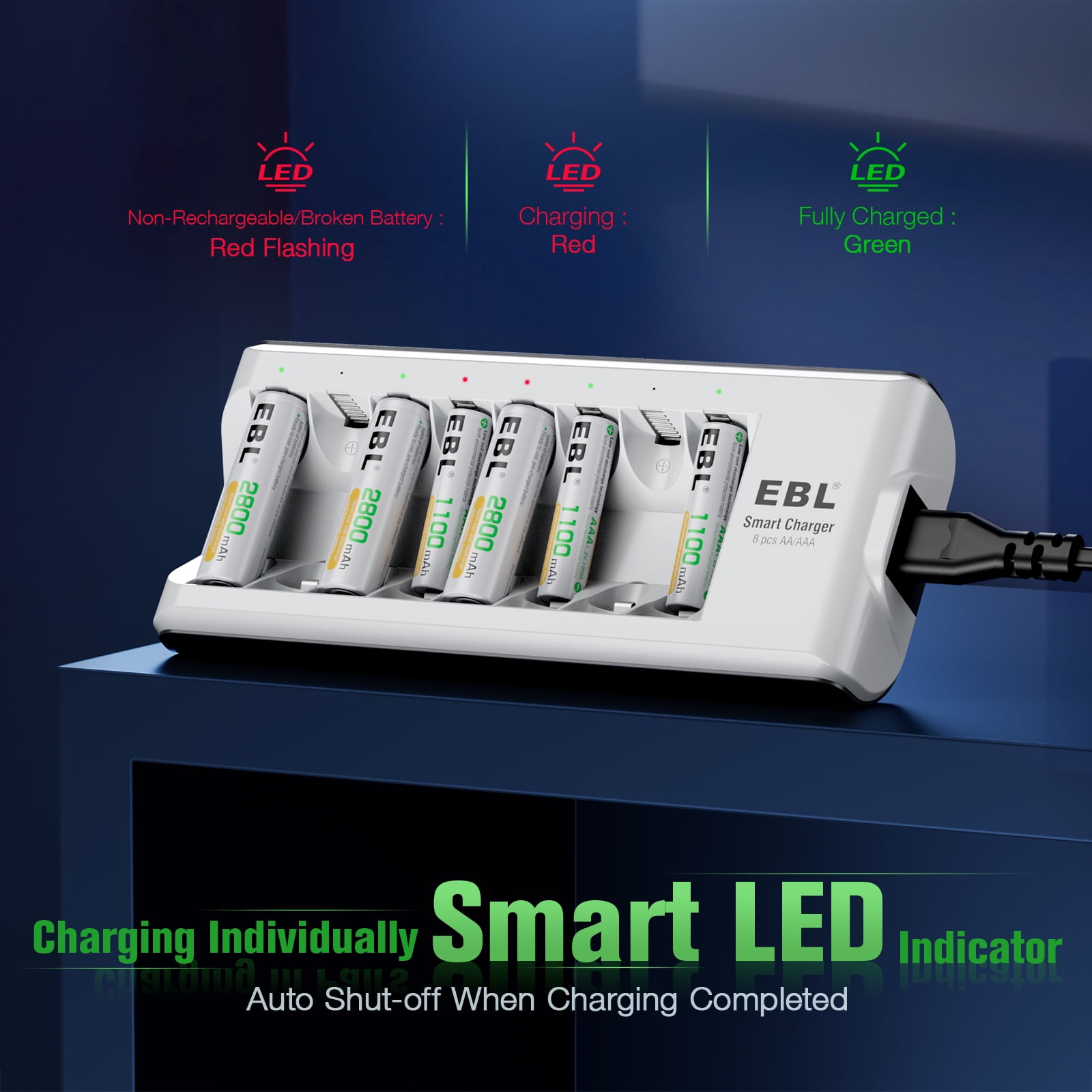 EBL 8 Bay AA & AAA Battery Charger for Ni-MH Ni-CD Rechargeable Batteries with Charging Cable, White