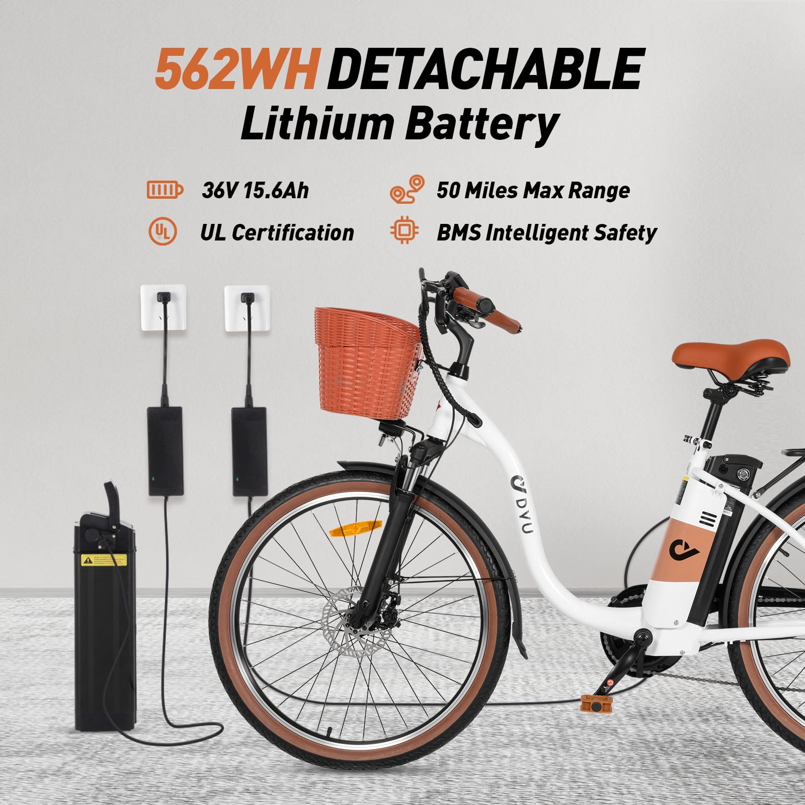 DYU 26" Commuter Electric Bike for Adults, Peak 500W 36V 15.6AH, Pedal-Assist, Shimano 7-Speed, Cruiser City E Bike UL2849