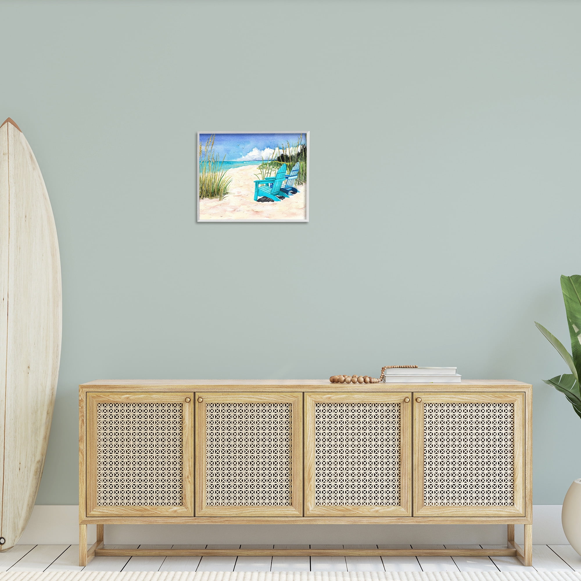 Stupell Industries Blue Beach Chairs Scene Landscape Painting White Framed Art Print Wall Art, 20 x 16