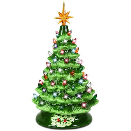 Gymax 15 Inch Artificial Christmas Tree Tabletop Ceramic Tree Green/Sliver/Gold