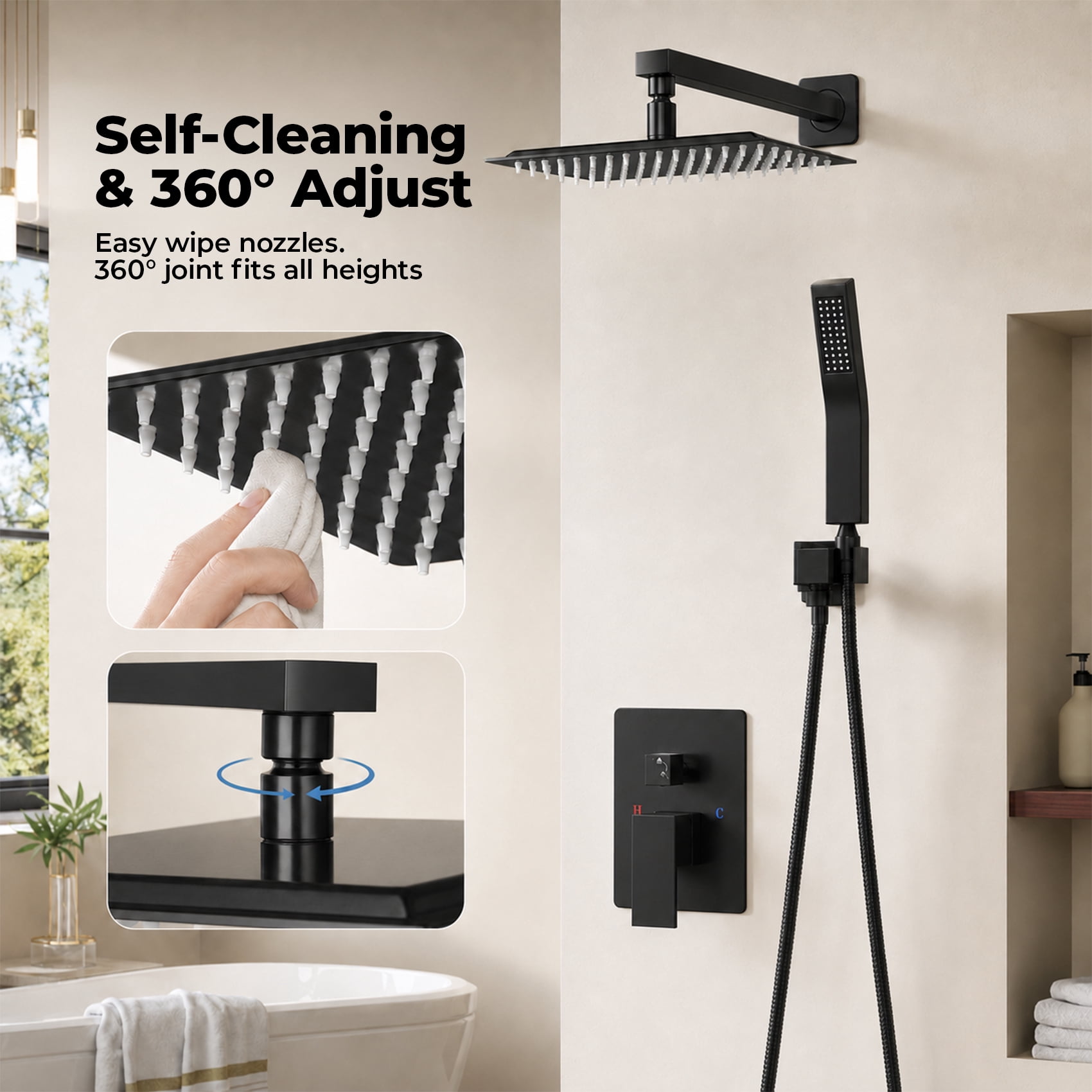Alvantor Wall-Mounted Shower Faucet Set, 10/12 Inch Square Overhead Spray and Handheld Shower Head with Pressure Balance and Temperature Control Valve