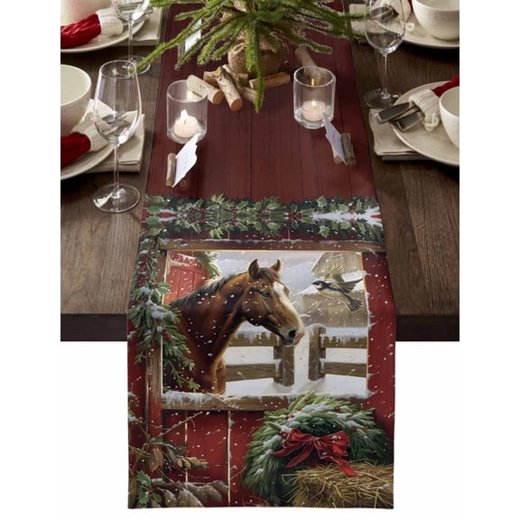 Christmas Table Runner Farmhouse Barn Horset Table Runners Pine Tree Branch Bird Snow Cotton Linen Dresser Scarf Kitchen Dining Table Decor for Christmas Holiday Party Decor 13x90 Inch