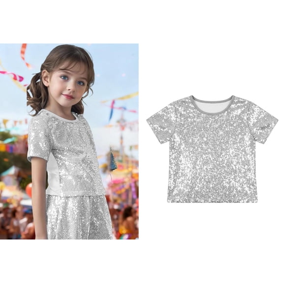Kids Boys Girls Sparkle Sequins Cropped Top Short Sleeves T-Shirt Jazz Hop Performance 7-10 Years