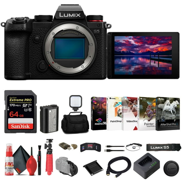 Panasonic Cámara Lumix S5 (DC-S5BODY) + Tarj. Mem. 64 Gb + Bolso + Lector Tarj. + Luz LED + Soft. Fotog. Corel + Trípode Flex. + Correa Mano + Billetera Mem. + Prot. Tapa + Más