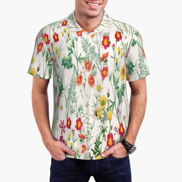 Balery Spring floral Camisa Polo de Hombre con Estampado, de Manga Corta y Tejido Medio, Camisa Tipo Golf Polo-Medium