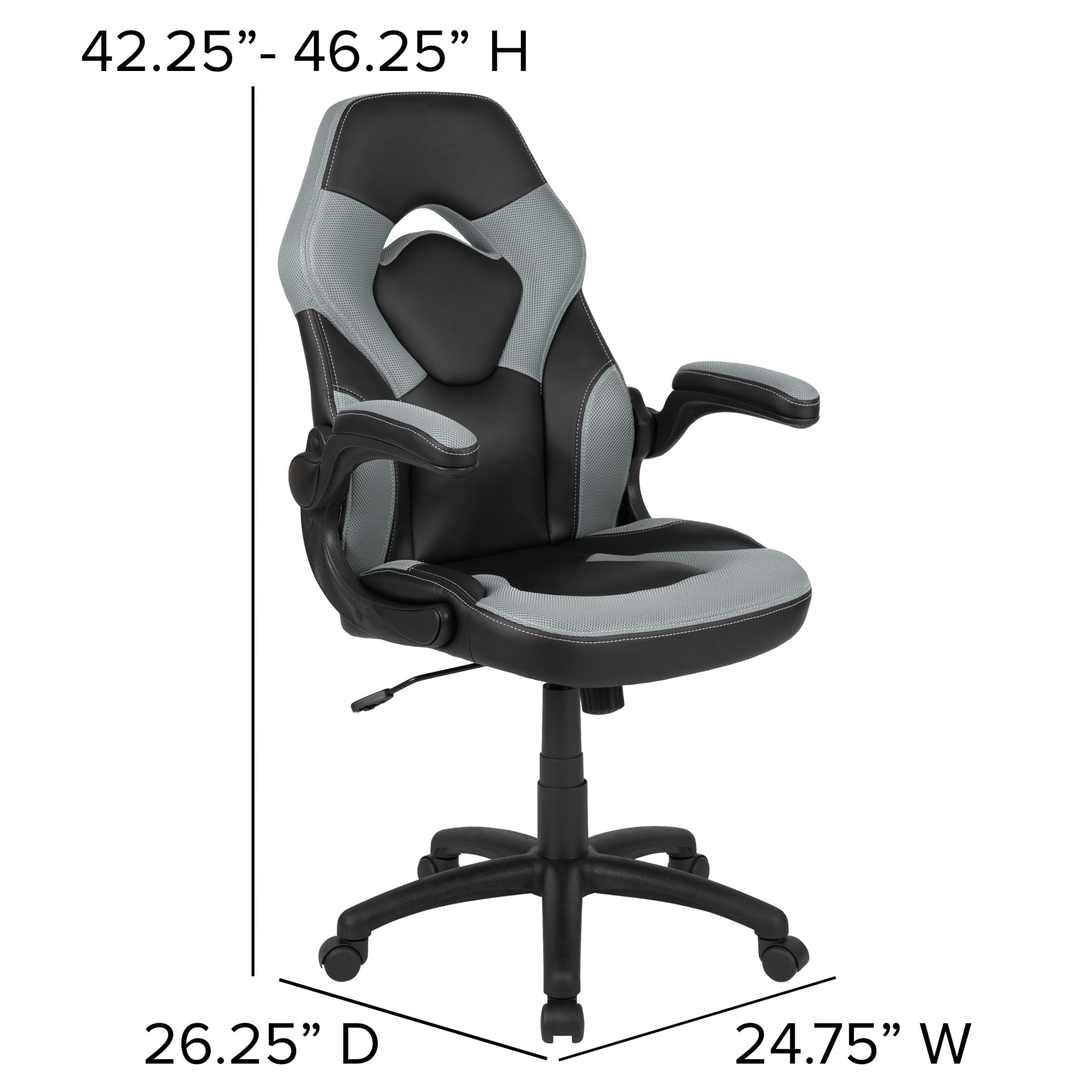 Emma + Oliver Gaming Racing PC Chair with Flip-up Arms, Gray/Black LeatherSoft