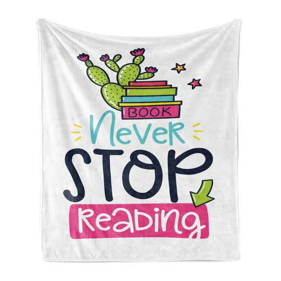 Book Soft Flannel Fleece Blanket, Vivid Color Cactus and Stars Behind Books with Inspirational Print Never Stop Reading, Cozy Plush for Indoor and Outdoor Use, 50" x 70", Multicolor, by Ambesonne