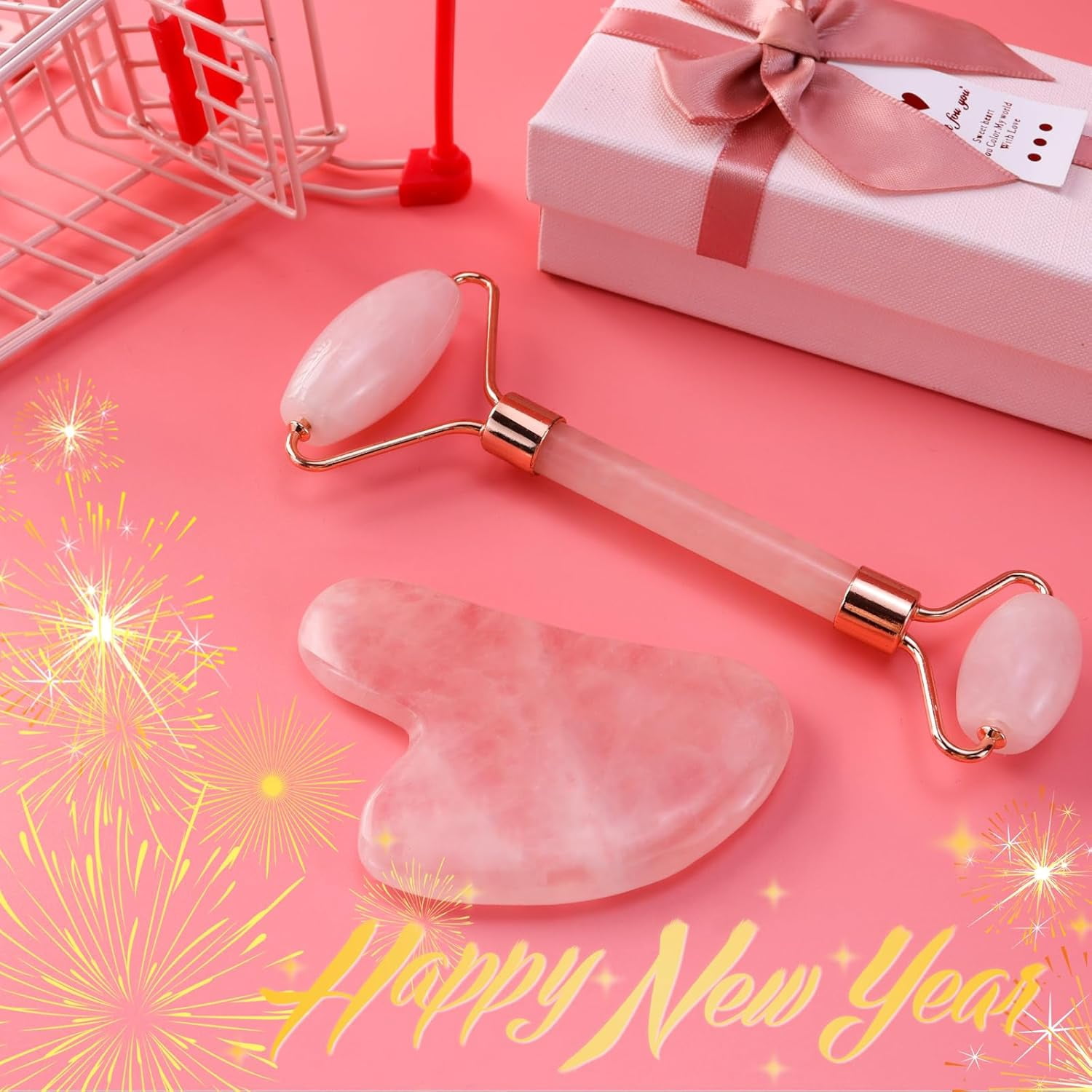 Gua Sha Facial Tool & Jade Roller, Face Roller for Wrinkles and Lifting, Puffiness Reducing Skin Tightening Face Massage Tool, Self Care Gift for Men Women - Rose Quartz