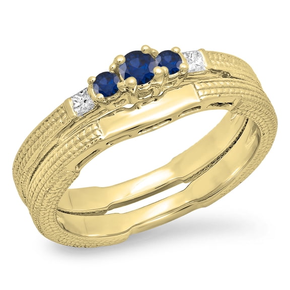 Dazzlingrock Collection 10K Blue Sapphire & White Diamond 5 Stone Bridal Engagement Ring Band Set, Yellow Gold, Size 5