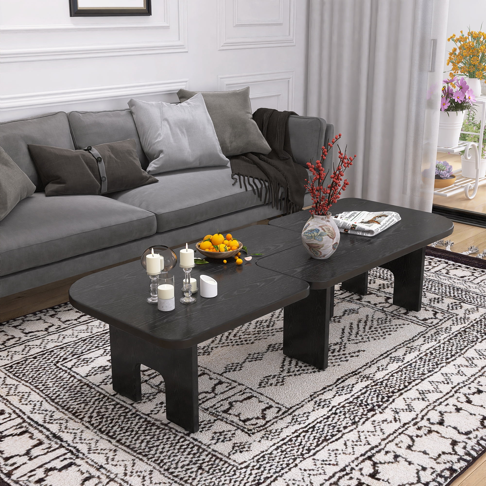 70.86 Inch Extendable Splicing Coffee Table Set, Modern Black Wooden Nesting Center Tables for Living Room, Flexible Configuration, Smooth Surface, Antique Black Finish