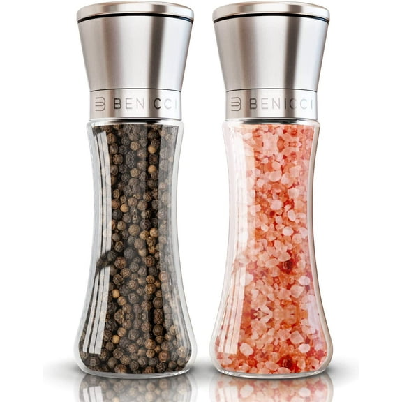 Premium Salt and Pepper Grinder Set of 2 - Two Refillable Stainless Steel Sea Salt & Spice Shakers with Adjustable Coarse Mills - Easy Clean Ceramic Grinders w/BONUS Silicone Funnel & Cleaning Brush