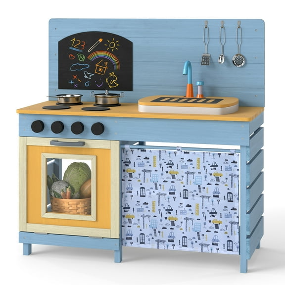 OLAKIDS Mud Kitchen, Kids Wooden Outdoor Playset with Play Sink with Real Running Water Circulation Cover Cloth Faucet Chalkboard Stoves Toddler Montessori Backyard Pretend Cooking Toys Gift