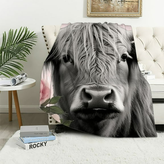 ARISTURING Highland Cattle Plush Bed Blanket Twin Size, Cute Cow Flower Throw Blanket for Kids Boys Teens, Bull Cattle Sherpa Blanket Western Cowboy Fuzzy Flannel Lightweight Cozy Bedroomr