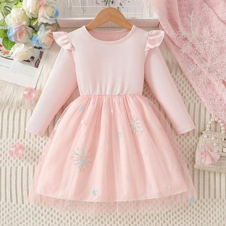 Girls Tulle Dress Long Sleeve - Pink Party Dress with Embroidery Ruffle Shoulder Fluffy Dress for Kids Ages 3-10 Size 9-10 T